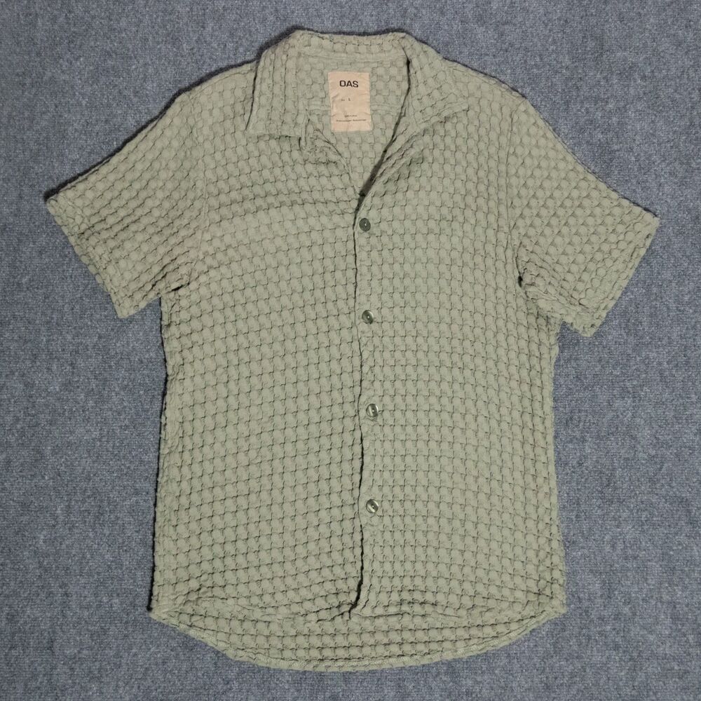 OAS Cuba Waffle Dusty Green Camp Collar Cotton Button Shirt Men's Large Resort
